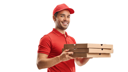 Happy pizza delivery man holding three pizza boxes smiling red cap boy job on transparent background