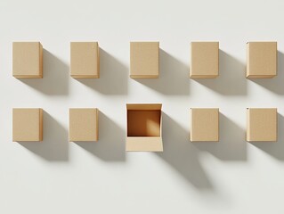 Empty cardboard boxes, various sizes,  stand out,  in a row,   open box,  product packaging,  retail