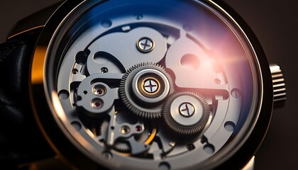 close up of a watch face with a black leather strap