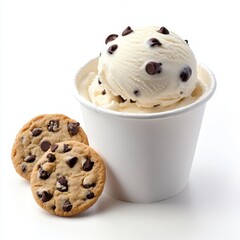 Vanilla ice cream with chocolate chips in a paper cup, accompanied by chocolate chip cookies
