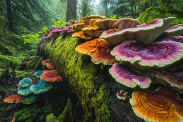 Vibrant, multicolored mushrooms thrive on a moss-covered log in a lush, green forest.