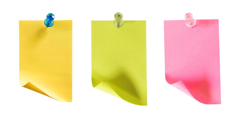 set of colorful paper notes with push pin isolated on white