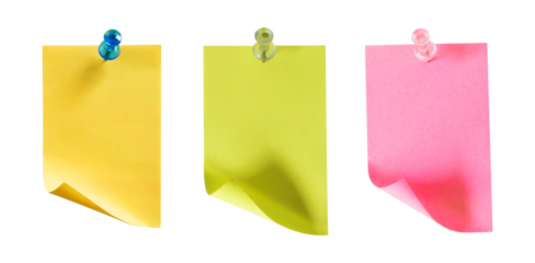 set of colorful paper notes with push pin isolated on white