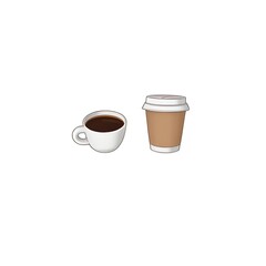 Obraz premium Two cups, one ceramic mug and one paper cup, both filled with dark brew and the visual style is cartoonish and illustrative for a comforting mood