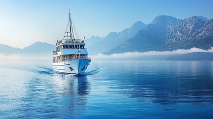 Cruise ship on calm, azure waters, mountains in the background