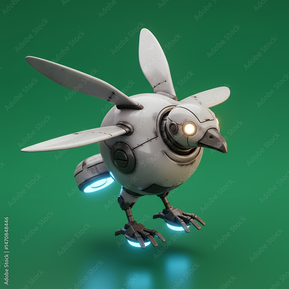 Poster robotic bird with propeller wings a futuristic machine on green backdrop artificial intelligence con