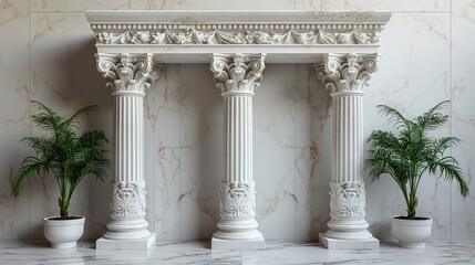 Obraz premium Classical Corinthian Columns with Ornate Archway. Elegant Marble Design with Potted Palms. Perfect for Grand Entrances and Architectural Photography.