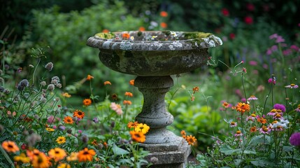 Ornate stone basin amidst vibrant garden