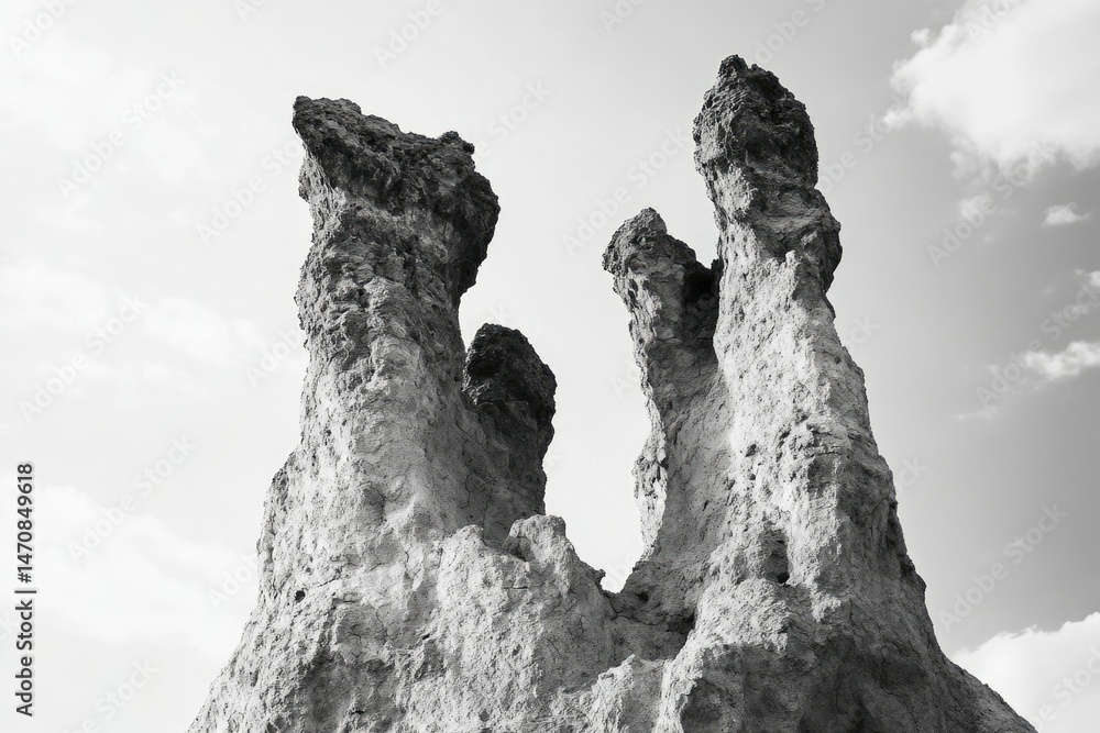 Poster eroded rock formations create unique, towering structures against a bright sky.