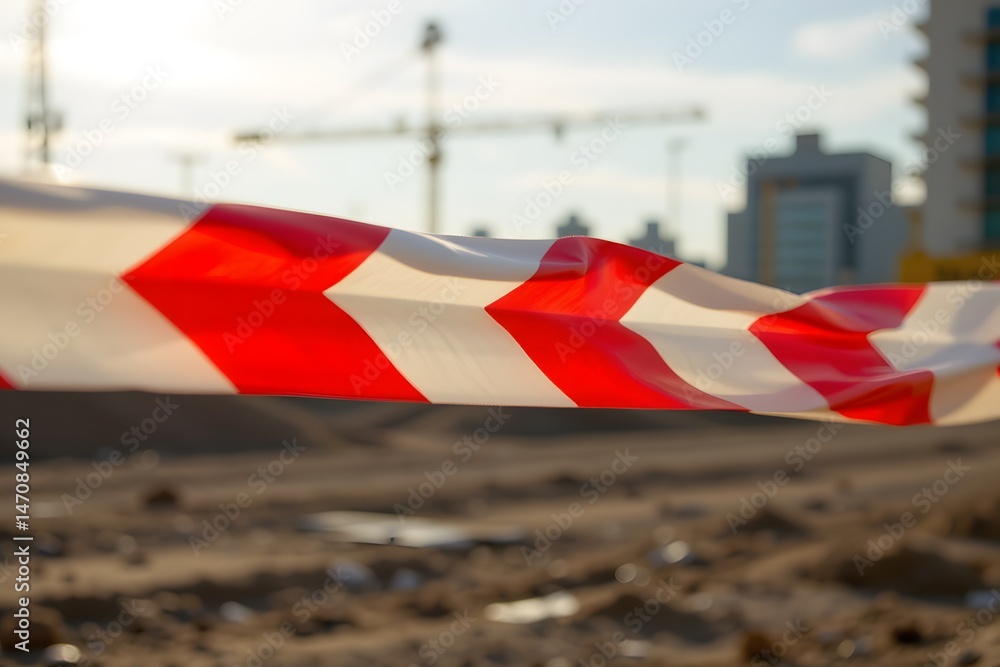 Poster caution tape at construction site: a close-up shot of red and white hazard tape stretched across a c