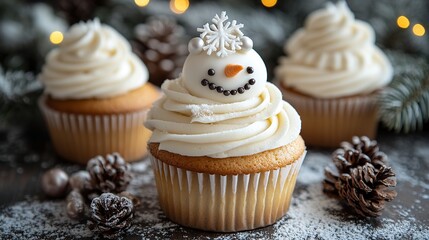 Festive snowman cupcakes adorned with white icing and edible snowman decorations