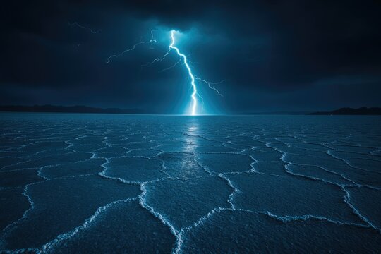 Lightning strike over a vast, dark salt flat under a stormy night sky. - Powered by Adobe