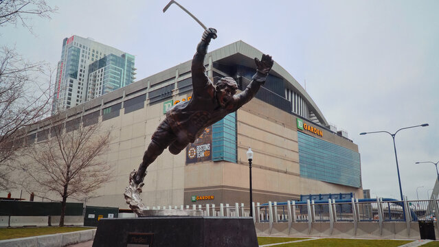 BOSTON, USA - APRIL 3, 2017 - Bobby Orr soars through the air in front of TD Garden in Boston, Massachusetts