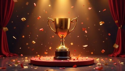 Golden trophy on a sparkling stage, confetti falling , best, celebratory
