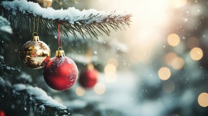 Christmas tree with decorations and snow