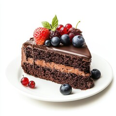 Chocolate cake slice topped with fresh berries