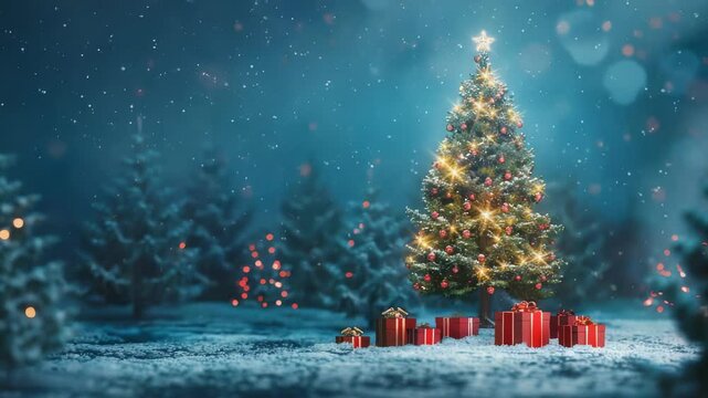 A festive outdoor scene features a decorated tree, aglow with lights and surrounded by wrapped presents in the snow, set against a backdrop of softly lit trees under a falling snow.