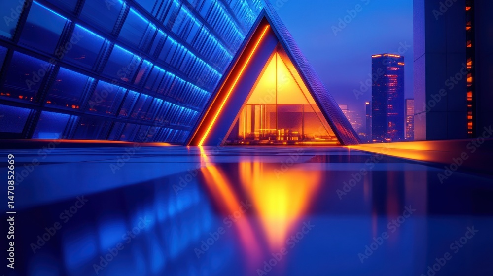 Poster a futuristic architectural design with illuminated geometric features