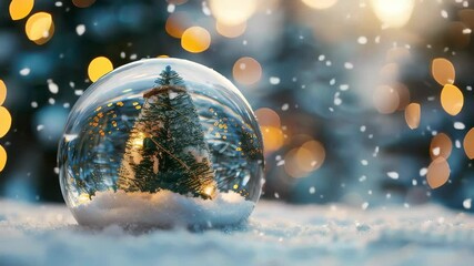 A festive snow globe featuring miniature evergreen tree resting bed snow. The background is softly blurred warm, golden lights, enhancing magical holiday setting. Falling snow effect is visible. - Powered by Adobe