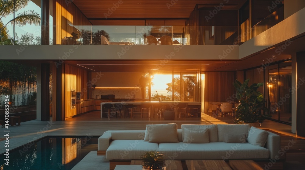 Poster luxurious modern architecture house with open design and a swimming pool