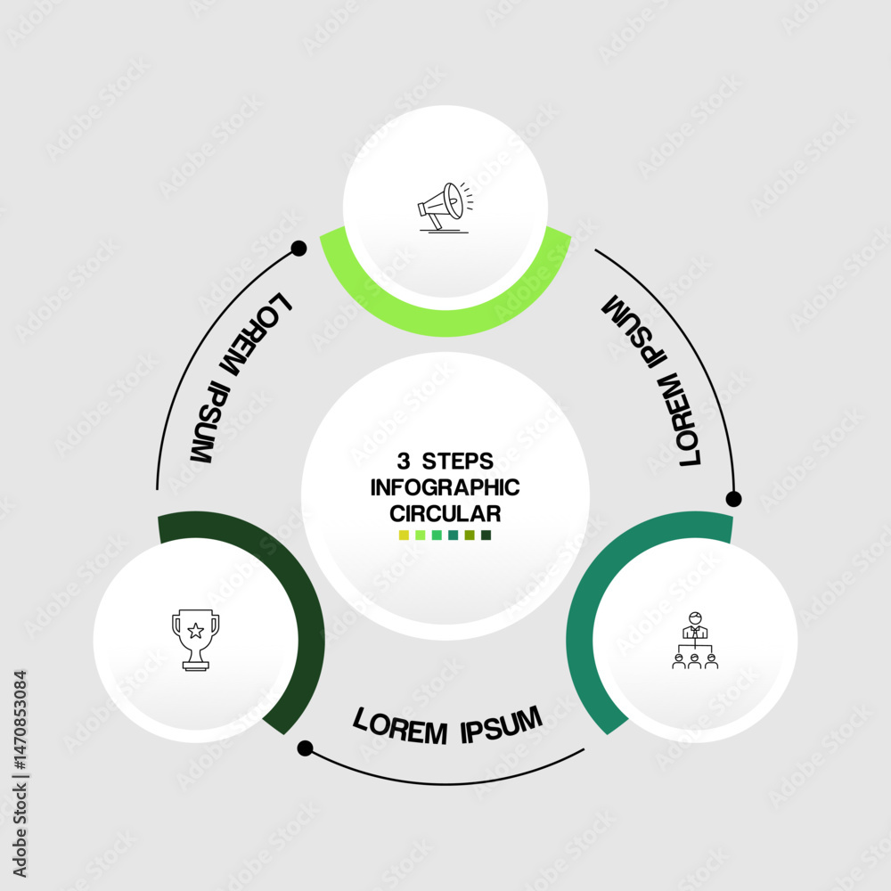 Poster circular scheme with three round paper white elements. concept of cyclic business process with 3 sta