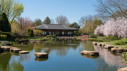 Obraz premium A serene Japanese garden scene features water and building