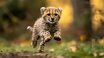 Naklejka premium Adorable cheetah cub on the run through the autumn foliage in the jungle
