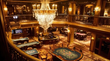 Elegant casino interior with tables and chandelier at night