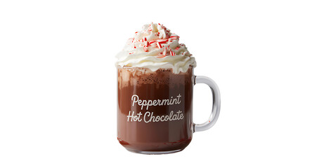 DesaA tempting product shot of a peppermint hot chocolate drink served in a clear glass mug. The rich brown hot chocolate is topped with a generous swirl of white whipped cream.