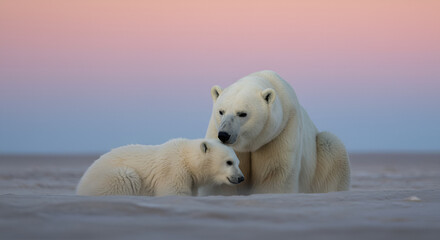 Polar bear and cub in arctic landscape