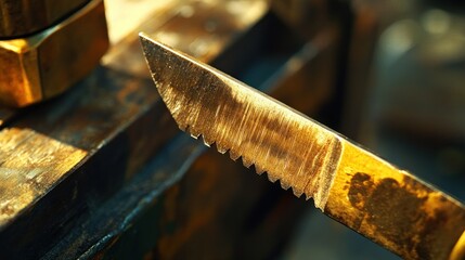 A sharp metal knife blade on a rustic workshop surface
