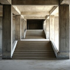 Concrete interior stairway with structural supports.