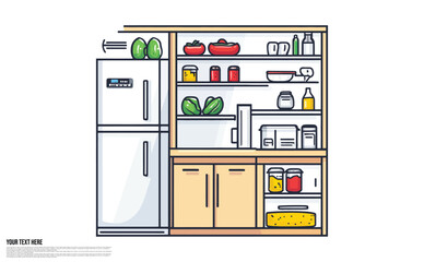 Isolated kitchen interior with fridge, shelves, food, groceries and kitchenware