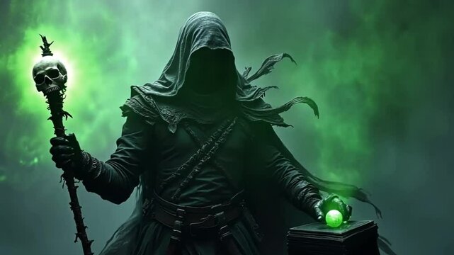 Gothic wizard in enchanted green mist - Mysterious hooded figure with glowing staff