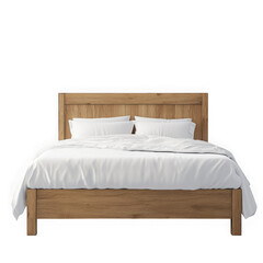 Wooden bed with white sheets on transparent background