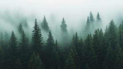 Fototapeta premium Misty Evergreen Forest in Soft Green and Gray Tones