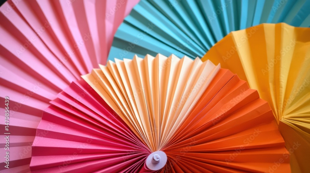 Poster brightly colored paper fans arranged in an overlapping radial display
