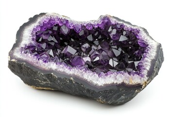A stunning amethyst geode, showcasing vibrant purple crystals within its dark cavity.