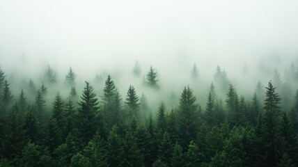 Misty Green Coniferous Forest Aerial View