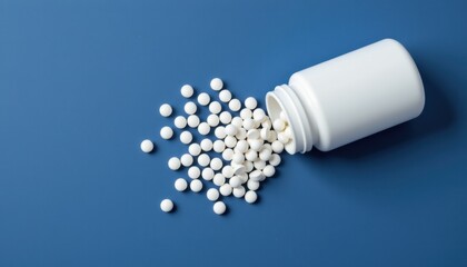 Medical action white pills spilling from bottle clean background health concept close-up view