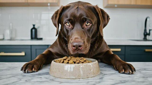 Chocolate labrador retriever with food bowl indoor studio shot of a dog