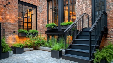 Obraz premium An exterior view of a brick building with stairs and plants