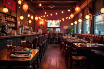 A lively pub scene, tables laden with food and drinks, warm lighting , british, drinks