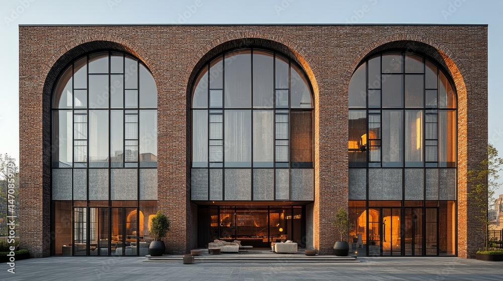 Poster a layered look at a building facade with repeating tall arched windows and a balance of traditional 