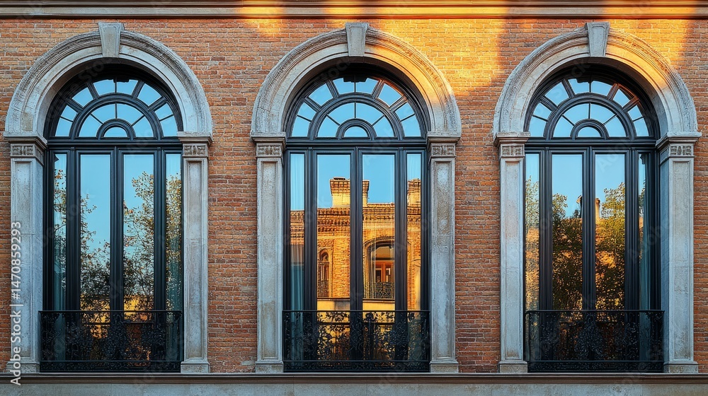 Poster a layered look at a building facade with repeating tall arched windows and a balance of traditional 