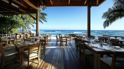 Fototapeta premium Outdoor seaside dining area with wooden tables and chairs.