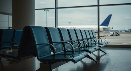 Empty Airport Departure Lounge Seats with Airplane in Background
