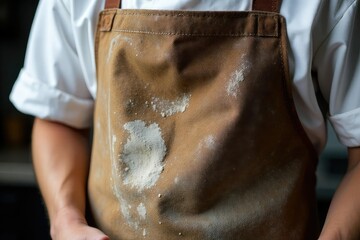 Close-up of a chef's stained and flour-dusted apron, showing years of culinary experience , ingredient, meal, spot