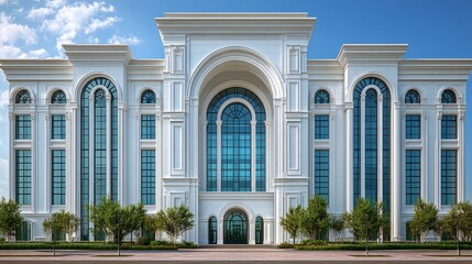A tall white building featuring numerous arched windows and a grand central archway, with clean lines and a symmetrical facade