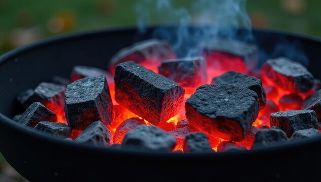Close-up of a hot charcoal barbeque grill, coals glowing red , metal, cooking equipment
